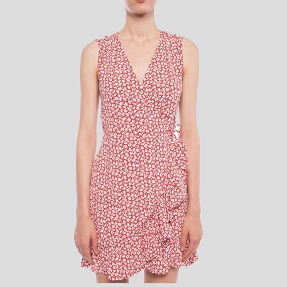 All Saints Dress Women’s Medium Red Floral Krystal True Wrap Mini Ruffle V Neck - Picture 1 of 12